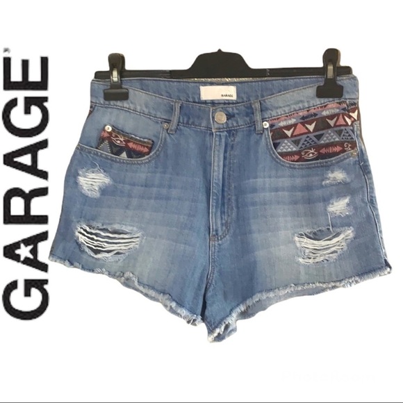 GARAGE Light Blue Wash High Waisted Distressed Festival Short Jeans Size 11 - Picture 1 of 11